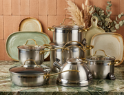 12 Piece stainless steel cookware set with kettle and stainless steel lids for all cooktops