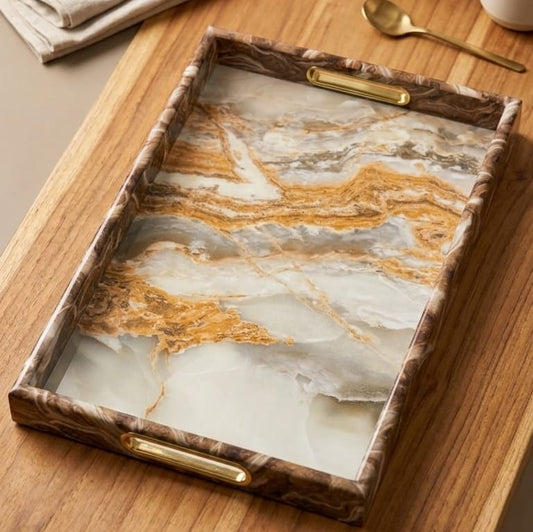 Brown marble PVC decorative tray with rectangular design measuring 41x28cm for serving and décor.