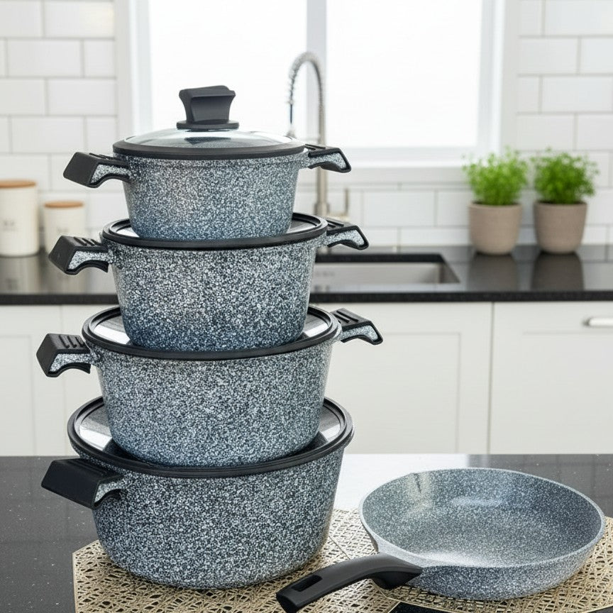 17Pcs Granite cookware set with sufurias, pan, and lids