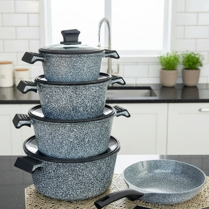 17Pcs Granite cookware set with sufurias, pan, and lids