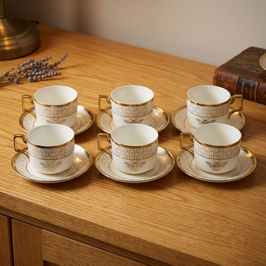 Bee design cup with matching saucer for tea or coffee