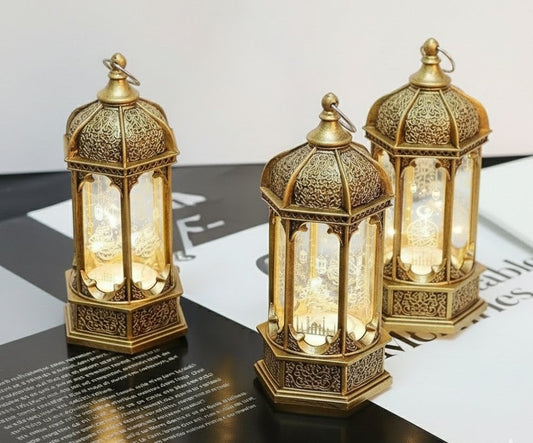 Vintage LED Ramadan lamp in gold, silver, or black measuring 6.6 × 13.5 cm for festive home décor