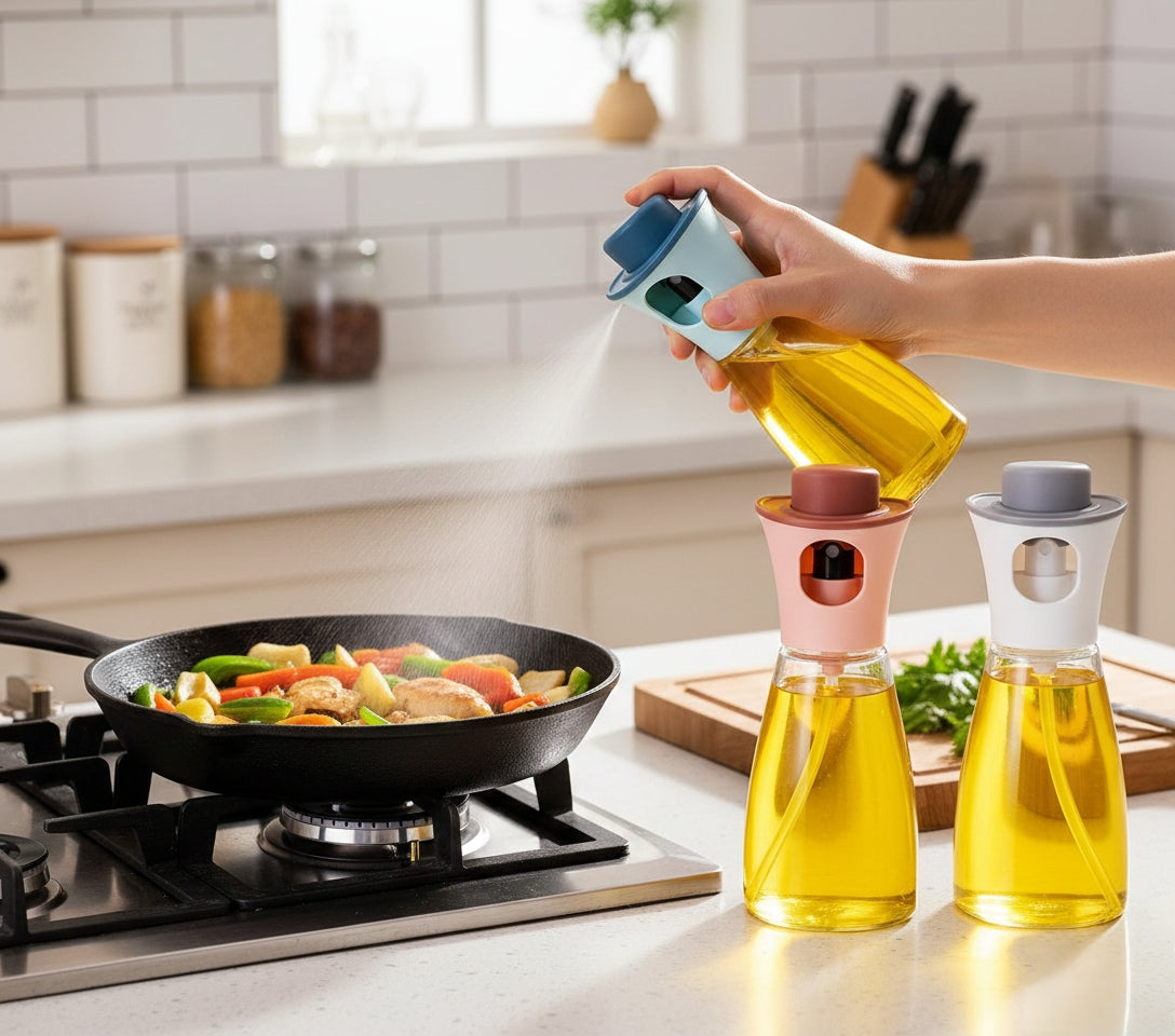 Round transparent glass oil sprayer bottle with colored lid and pump nozzle