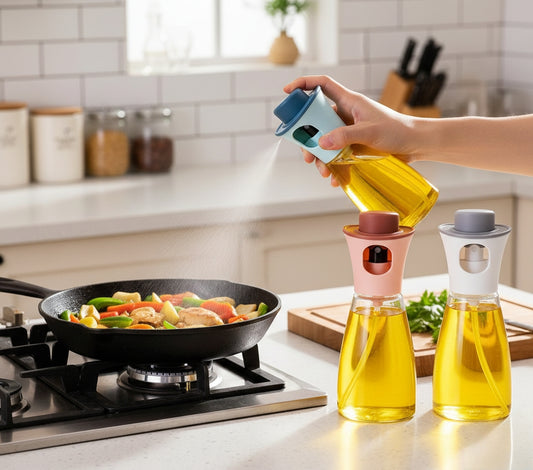 Round transparent glass oil sprayer bottle with colored lid and pump nozzle