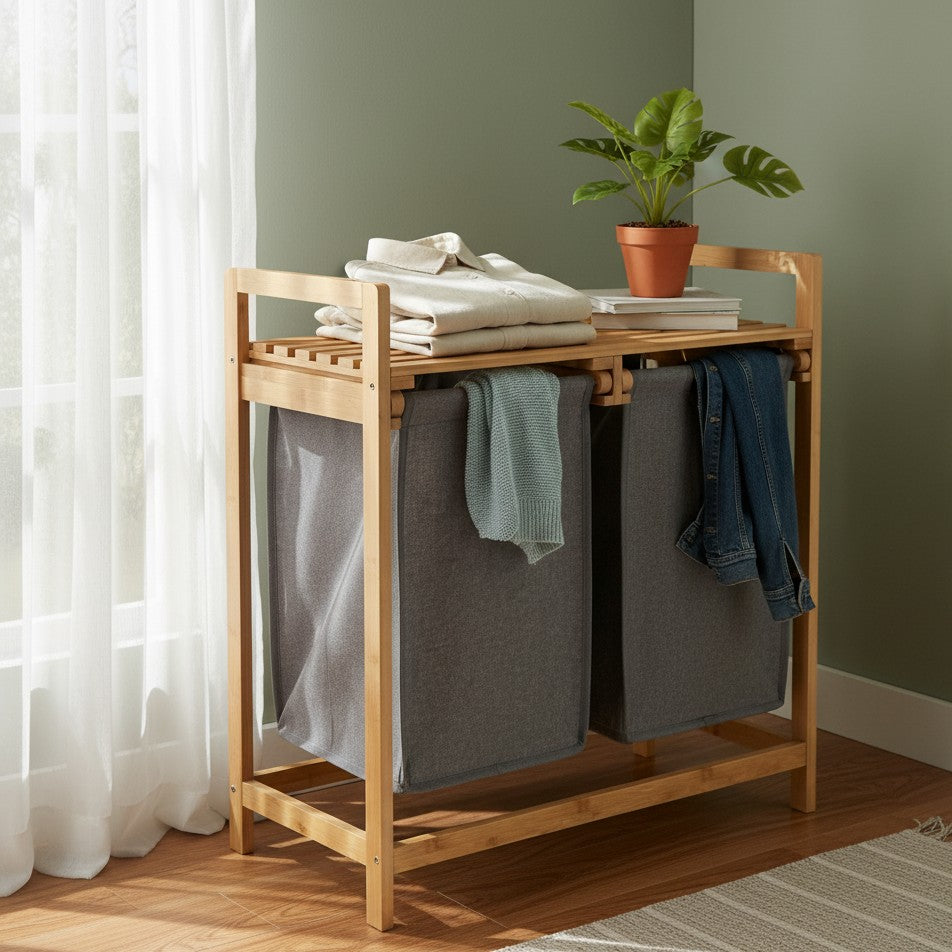 2-In-1 Laundry Sorter With Bamboo Stand