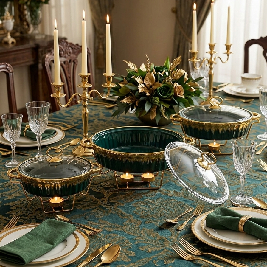 3 In 1 Dark green and gold chafing dish set with glass lids for elegant food serving and warming