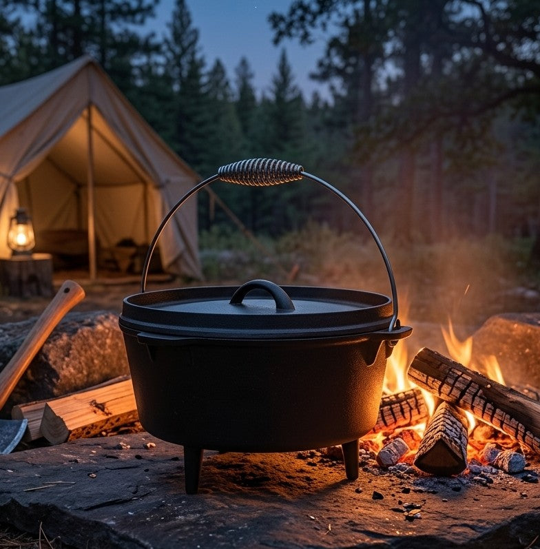 12L preseasoned Gusskönig Dutch oven with 3-leg stand and flippable lid grill pan, suitable for outdoor and home cooking.