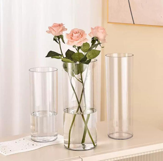 Modern clear glass vase, 35 cm tall, with sleek creative design