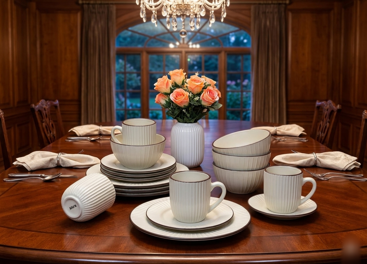 16-Piece ribbed ceramic dinner set with cups bowls side plates and plates
