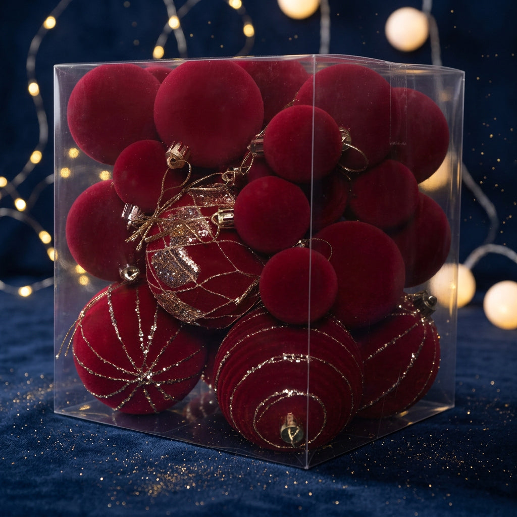36-Piece Burgundy Velvet Christmas Bauble Set with Gold Glitter Details