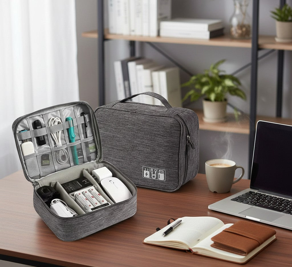 Grey large-capacity electronics and cable organizer bag, 23 × 21 cm, waterproof Oxford fabric