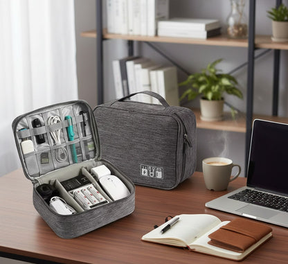Grey large-capacity electronics and cable organizer bag, 23 × 21 cm, waterproof Oxford fabric
