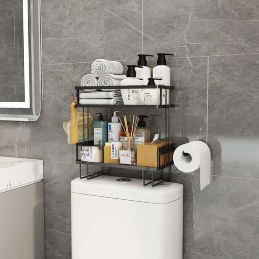 Double layer bathroom and toilet rack with tissue holder in white or black.