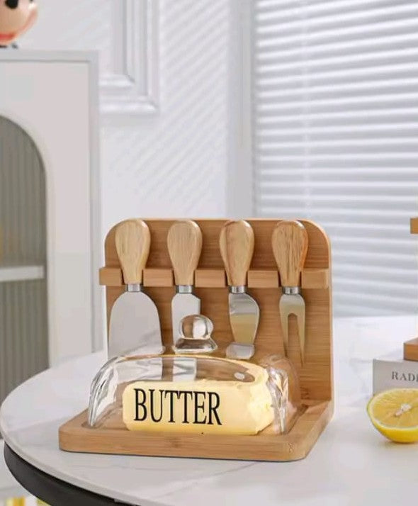 Wooden butter tray set with glass cover and built-in butter knives on base
