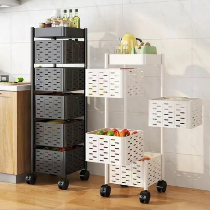 Five-tier rotating metallic kitchen organizer with wheels.
