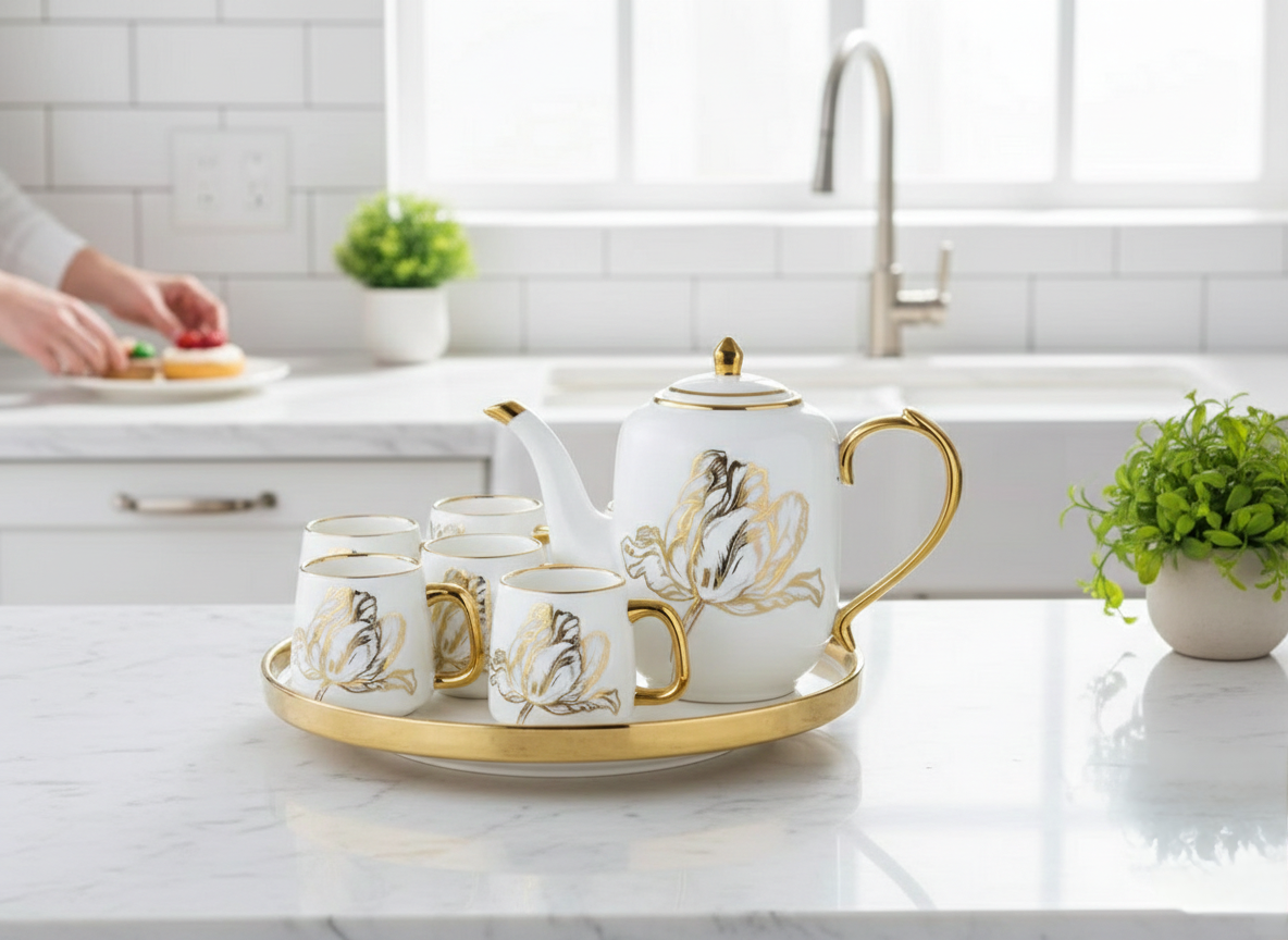 8 Piece Rotating tea set with cups and accessories