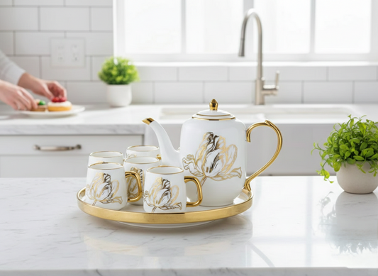 8 Piece Rotating tea set with cups and accessories