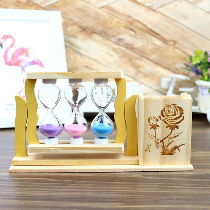 Handicraft Wooden Pen Stand with 3-Hourglass Timer