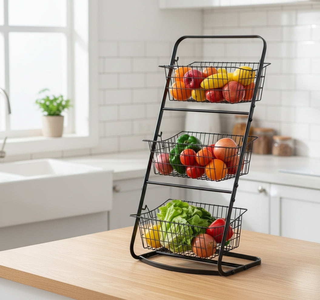 3-Layer black metallic mesh storage rack for home or office organization
