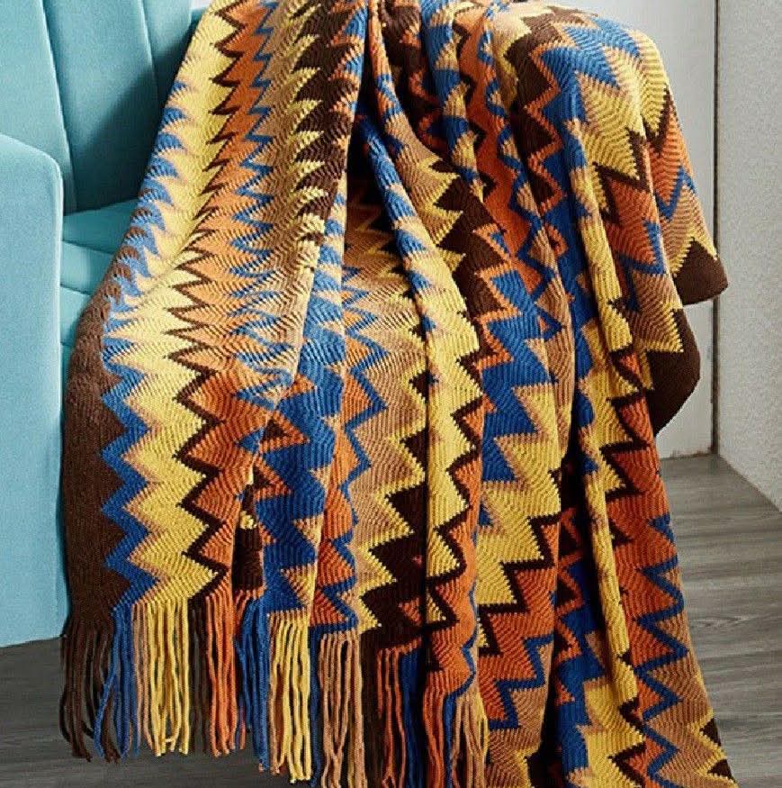 Boho Chenille Knit Throw Blanket with Tassels