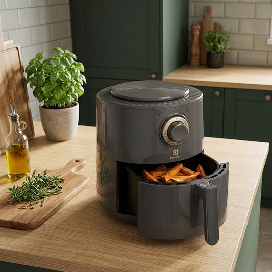 Electrolux UltimateTaste 300 3L air fryer with digital controls and rapid air technology for healthy oil free cooking.
