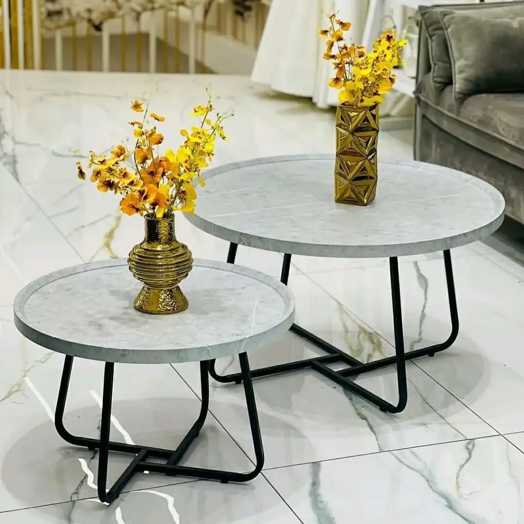 Palermo modern nesting tables with marble-effect top in white, black, and grey