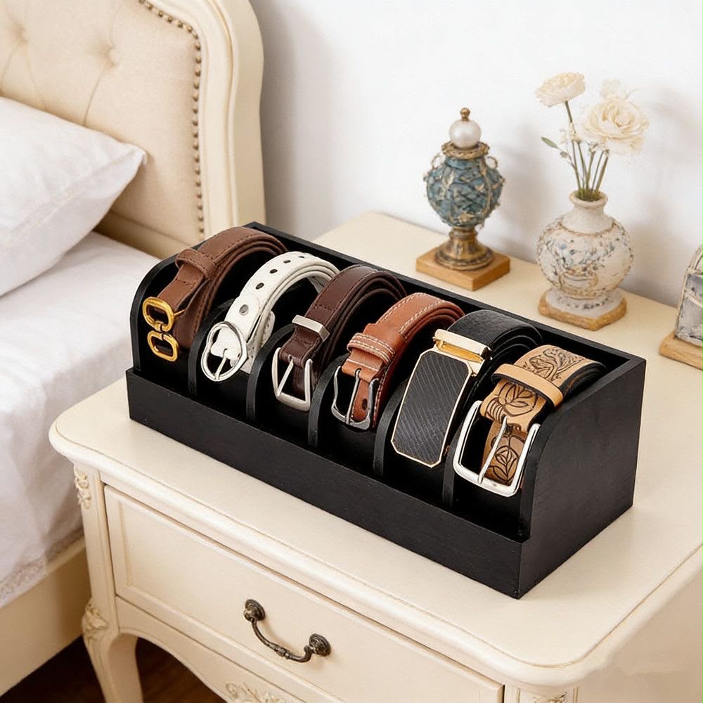 6-slot bamboo belt organizer in black and brown for neat wardrobe accessory storage.