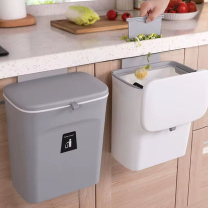 Wall-mounted kitchen trash can with lid in grey and white for space-saving waste disposal