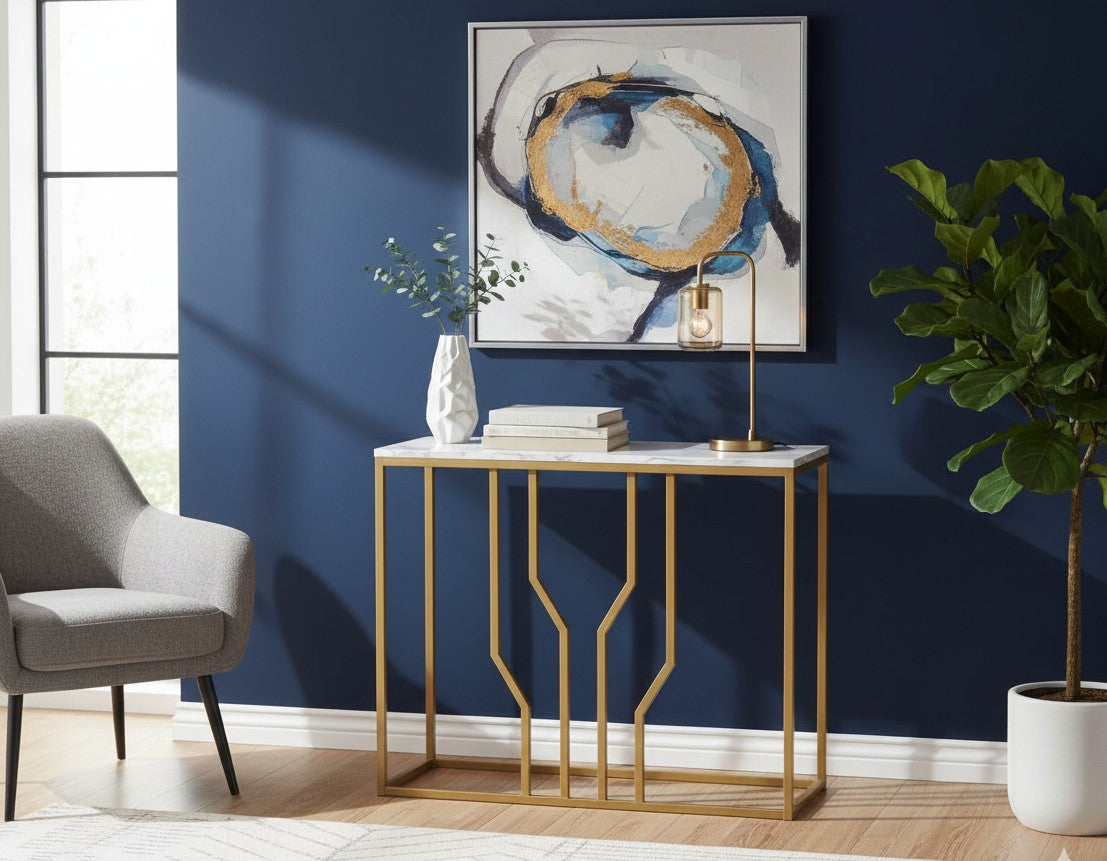 White modern console table with golden metal frame