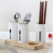 3 Piece cutlery organizer with oak base and drainage holes for kitchen utensil storage