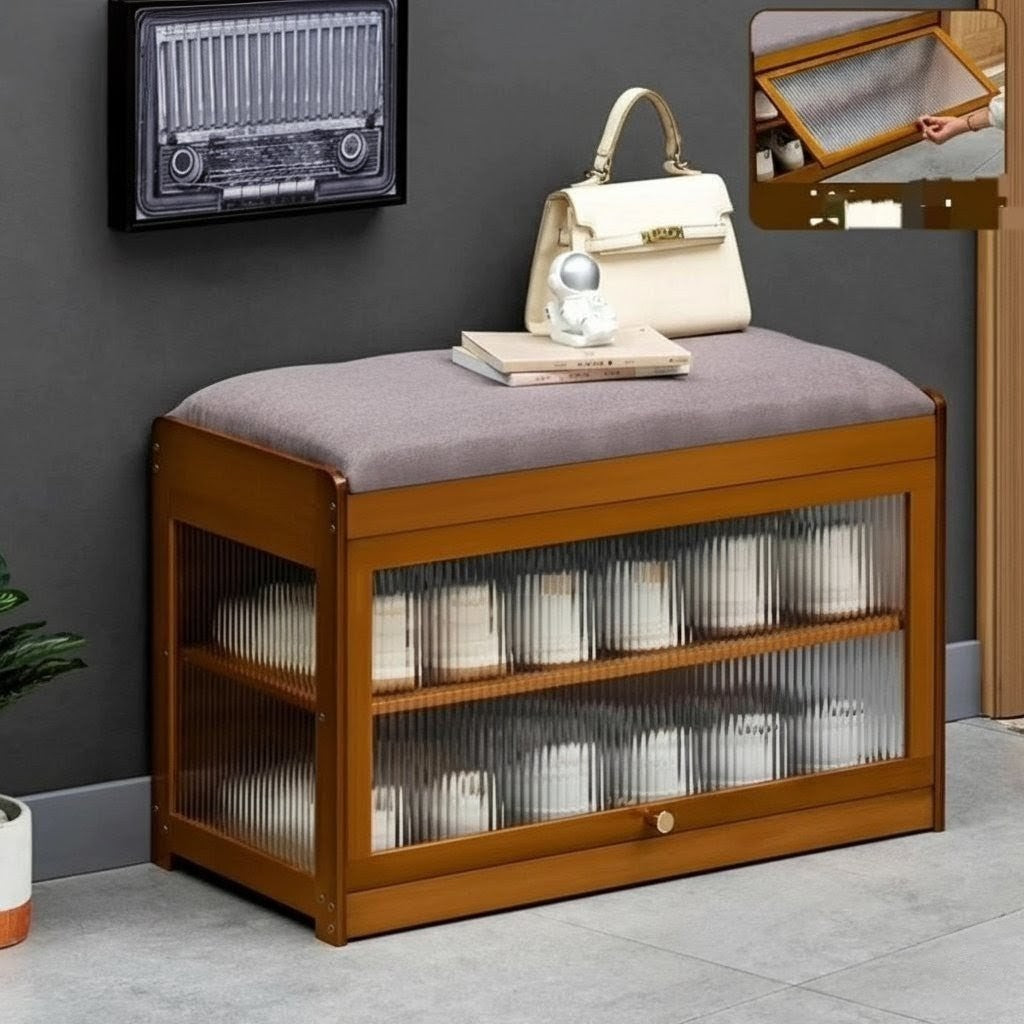 Wooden Stool with Shoe Cabinet