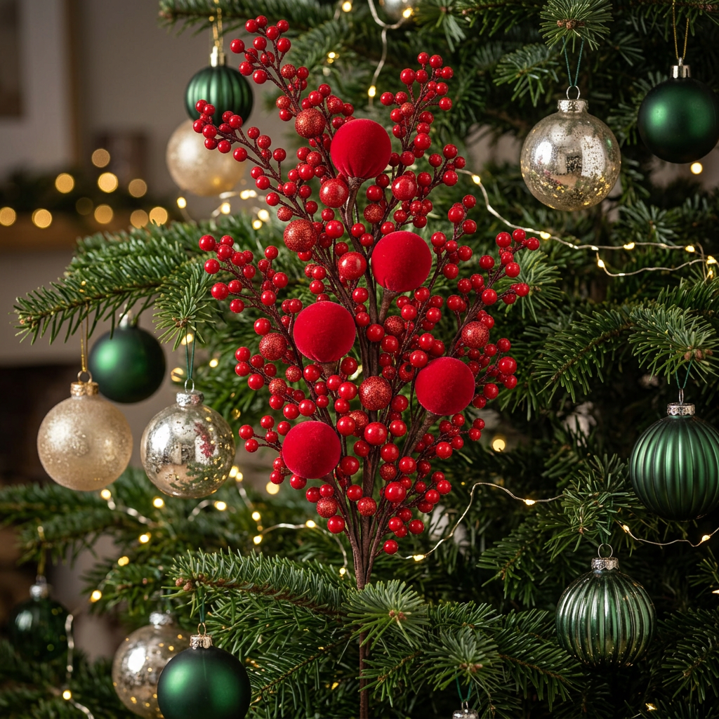 2Pc 40cm Christmas Decorative Red Berry Spray with Velvet Balls