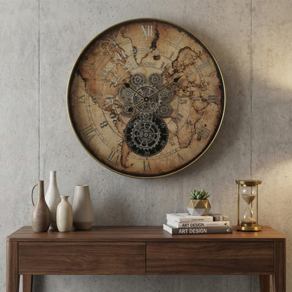60 cm round vintage gear wall clock with retro mechanical design, decorative timepiece for home or office.