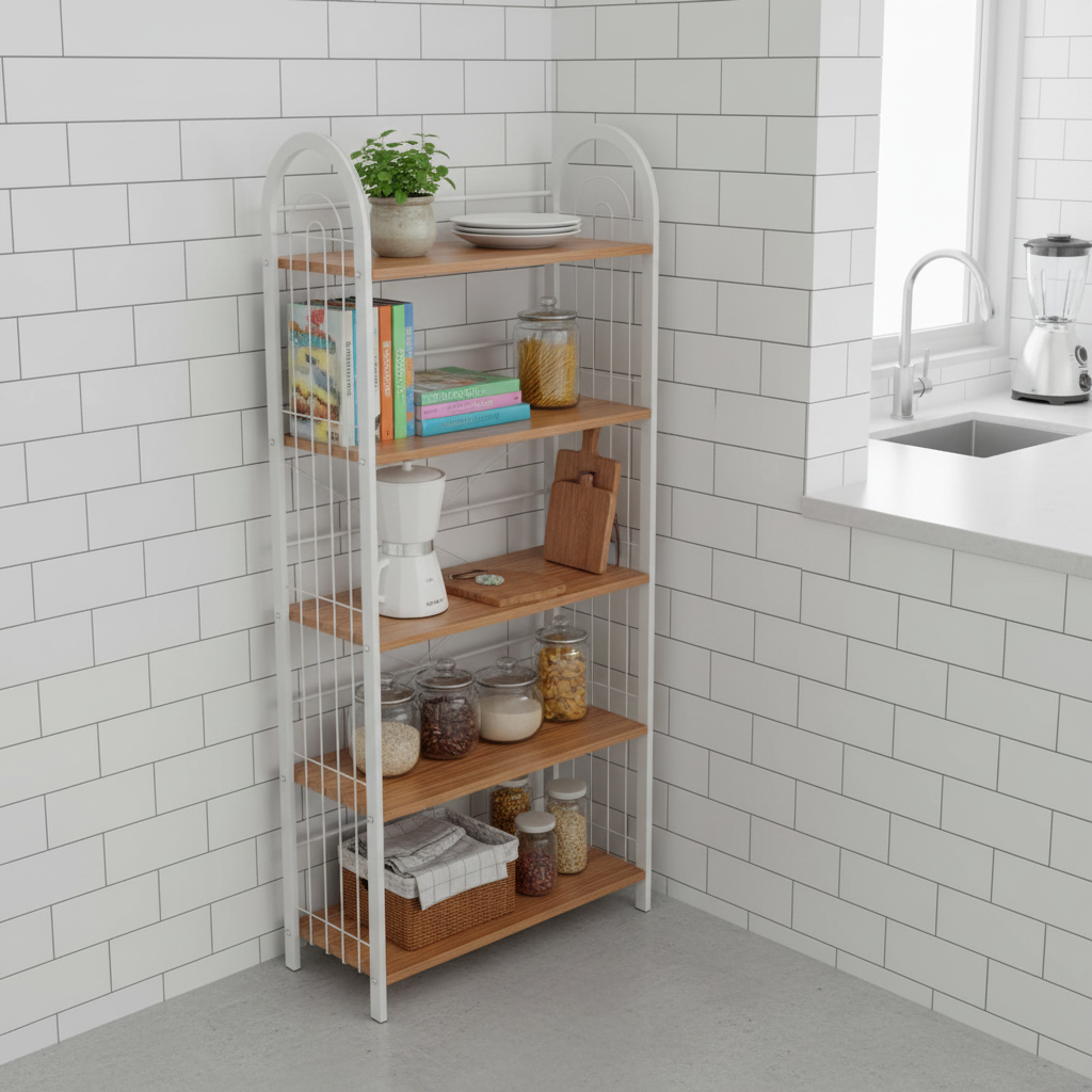 JN 105 five tier white metal storage rack with arched frame and laminate shelves available in green, black marble, rustic wood, blue, and natural wood finishes.