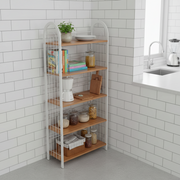 JN 105 five tier white metal storage rack with arched frame and laminate shelves available in green, black marble, rustic wood, blue, and natural wood finishes.