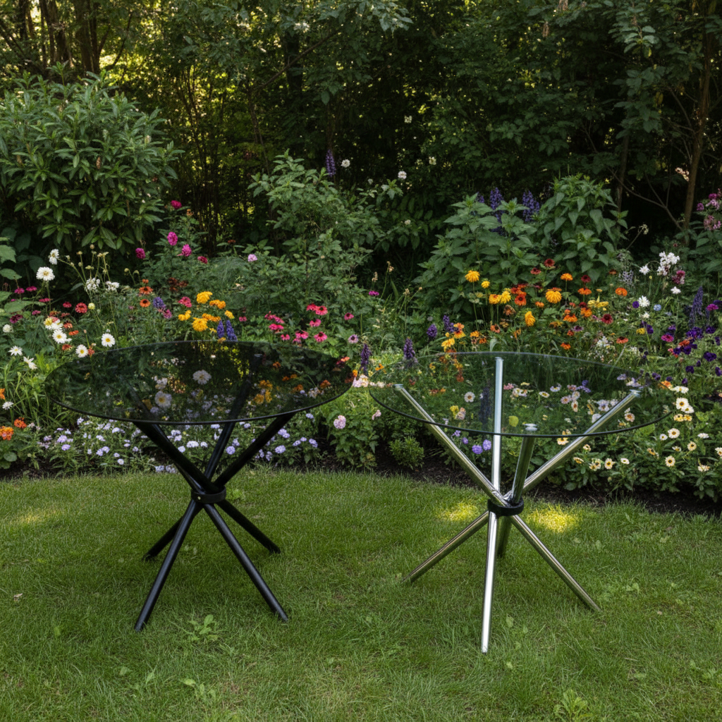 Round clear glass dining table with silver ring-shaped metal legs.