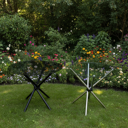 Round clear glass dining table with silver ring-shaped metal legs.