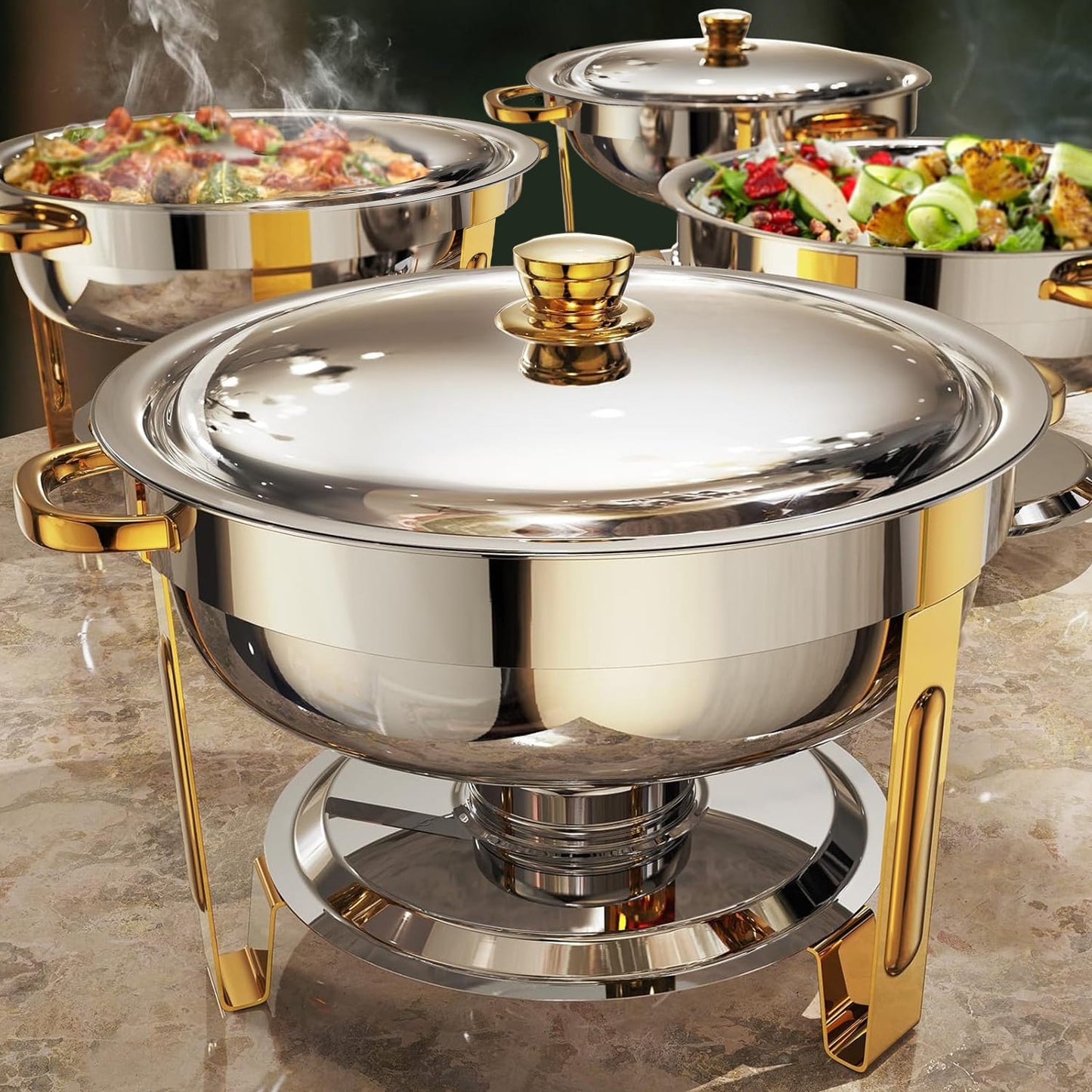 Elegant round stainless steel chafing dish with golden handles and legs, 5-litre capacity