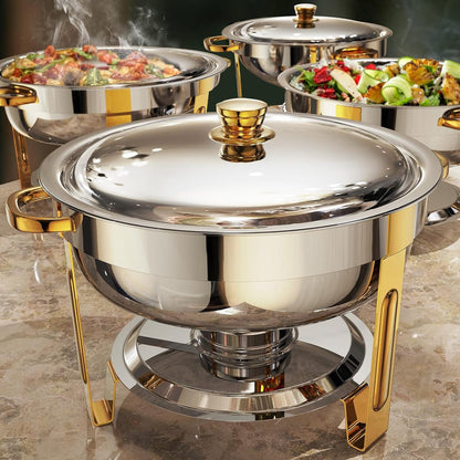 Elegant round stainless steel chafing dish with golden handles and legs, 5-litre capacity