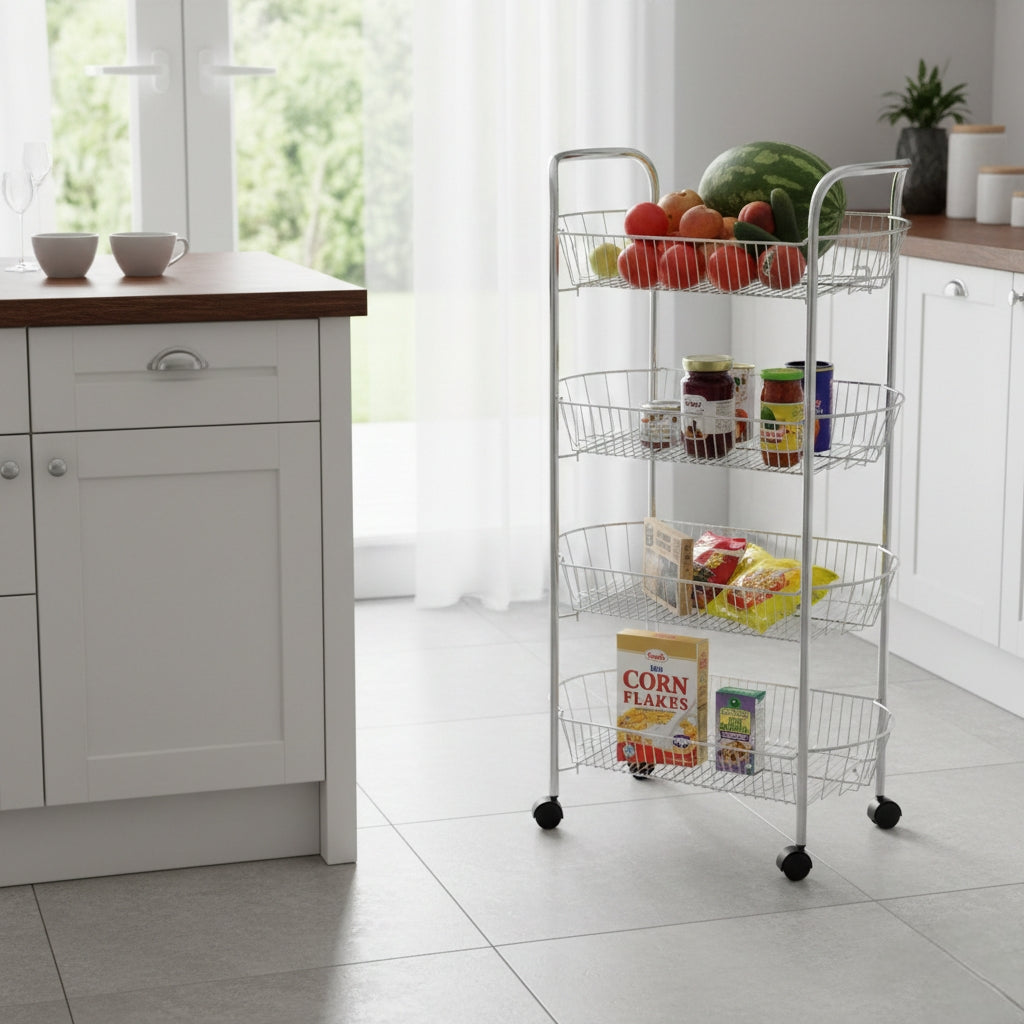4-tier Rectangular stainless steel trolley with silver finish and tiered shelves for storage.