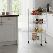 4-tier Rectangular stainless steel trolley with silver finish and tiered shelves for storage.