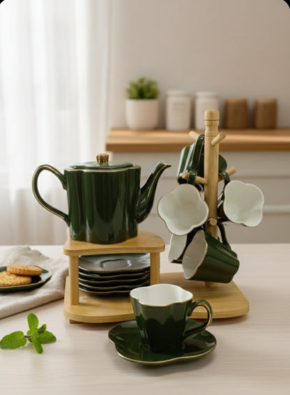 Elegant 8-piece tea set with kettle, cups, and serving tray in refined colors