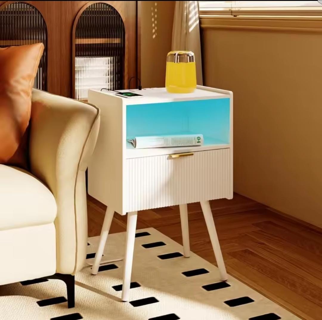 White Nightstand with Storage Drawer and Open Wood Shelf
