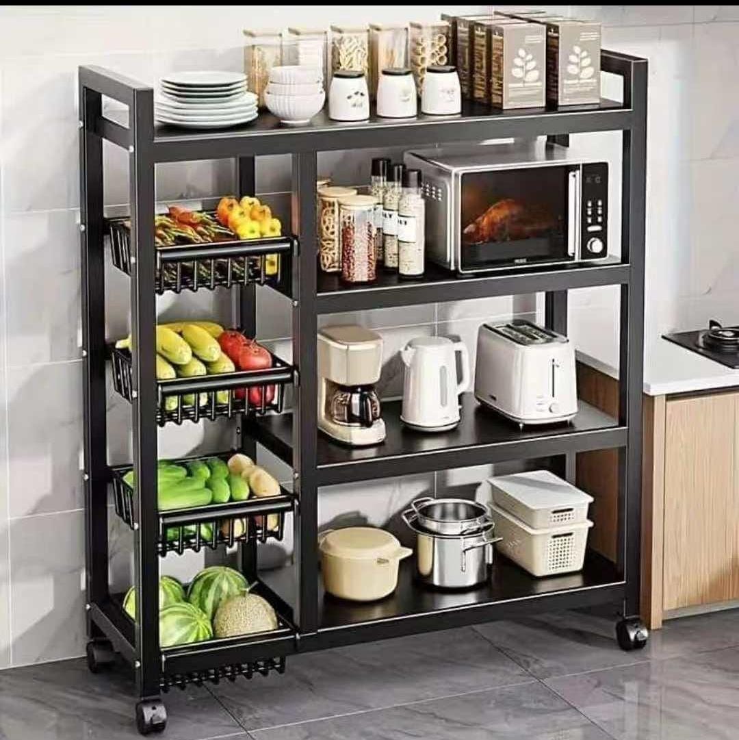 Multipurpose microwave fruit and vegetable rack for organized kitchen storage.