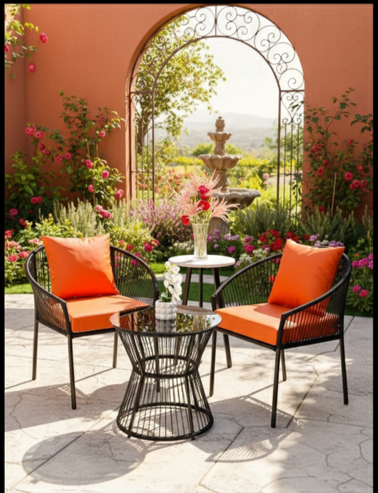 Outdoor 2 chairs and 1 table set with cushions.