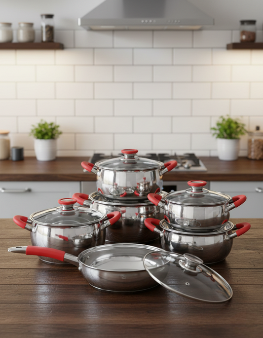 12-piece Stainless steel cookware set with induction base and glass lids 