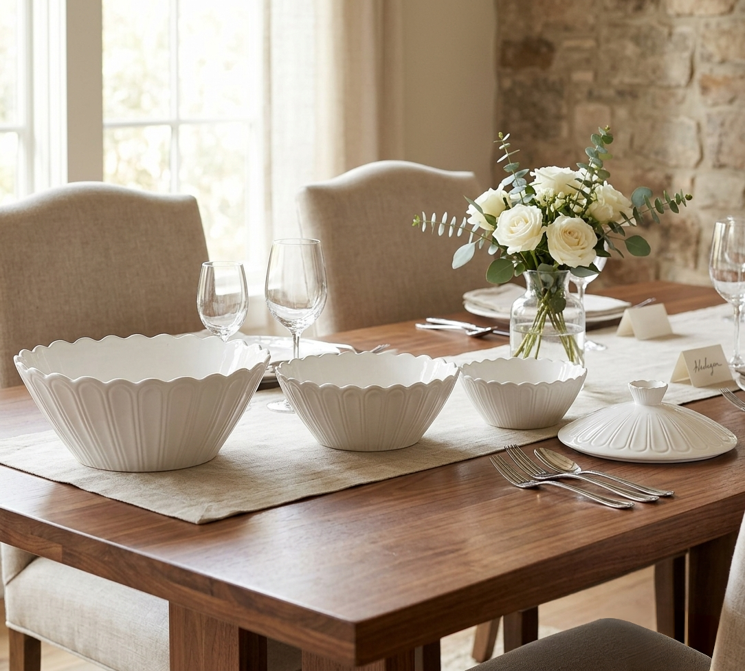 3-Piece white ceramic serving bowls with wavy textured design in different sizes