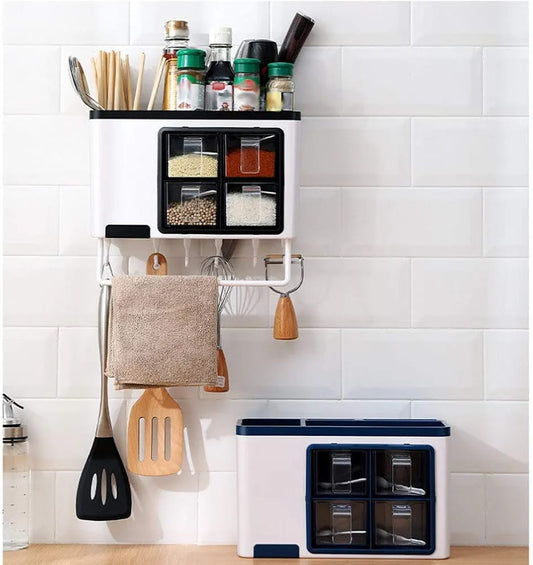 White plastic hanging seasoning box for organized kitchen spice storage.