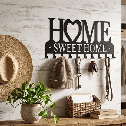 Black metallic Home Sweet Home wall décor key holder organizer for stylish home storage