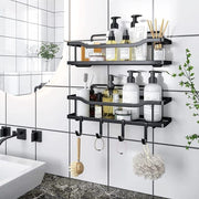 2-piece Rustproof shower caddy shelf set with adhesive mounts for bathroom organization.